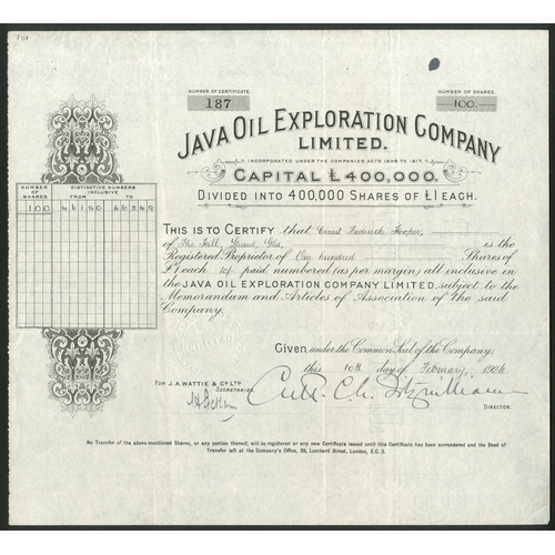 111 - Netherlands Indies: Java oil Exploration Company Limited, £1 shares, 19[26], #187, black. Registered... 