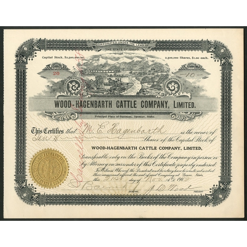 809 - U.S.A.: Wood-Hagenbarth Cattle Company Limited, Idaho, $1 shares, 190[2], #20, signed by J.D. Wood a... 