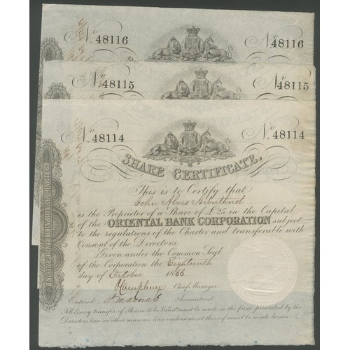 61 - China/India: Oriental Bank Corporation, £25 share, a consecutive run of 3 certificates, 18[66], #481... 