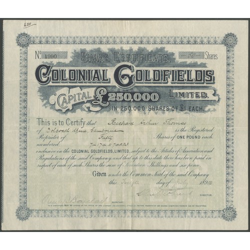 5 - Australia: Colonial Goldfields Limited, pair of certificates for &pound;1 shares, 189[9], #1598, 12s... 