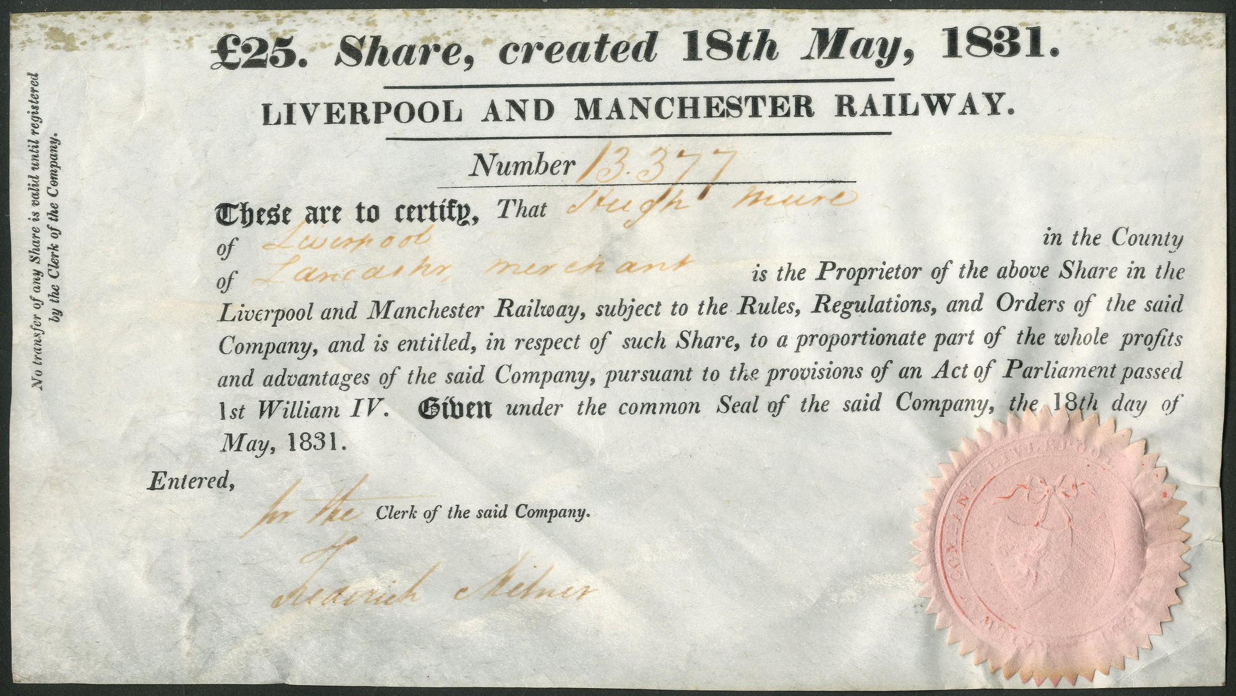 Great Britain: Liverpool and Manchester Railway Company, £25 share ...
