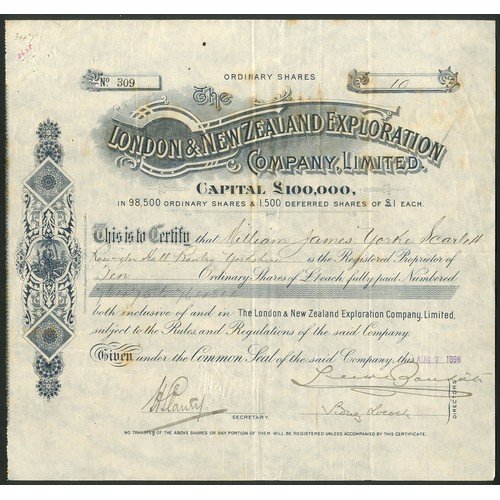 26 - New Zealand: London and New Zealand Exploration Company Limited, pair of certificates for £1 shares,... 