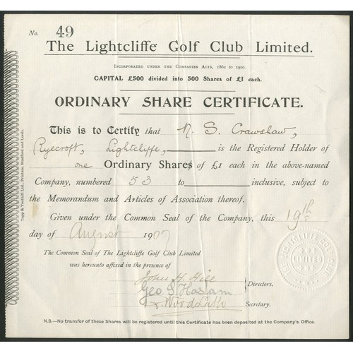 Great Britain: Lightcliffe Golf Club Limited, £1 shares, 19[07], #49 ...