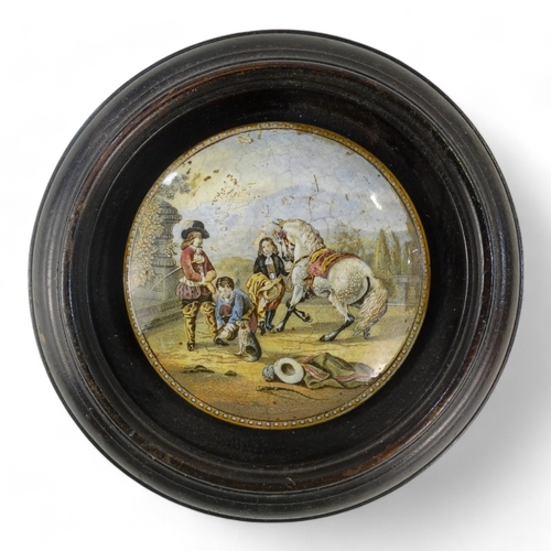 14 - A 19th century Prattware pot lid - view of Pegwell Bay, 10cm diameter, within a wooden frame, togeth... 