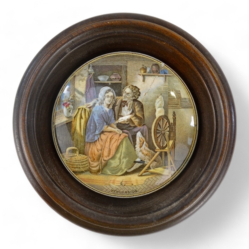 14 - A 19th century Prattware pot lid - view of Pegwell Bay, 10cm diameter, within a wooden frame, togeth... 