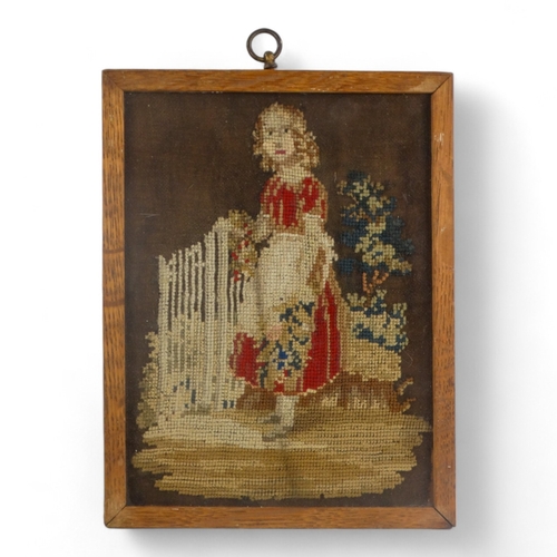 17 - A mid 19th century embroidered panel - showing a young girl standing beside a gate, 24 x 18cm.