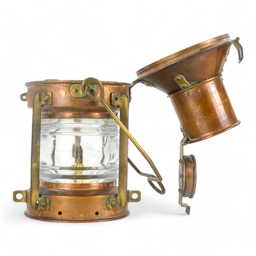 2 - An early 20th century copper and brass mast head lamp - of typical form and including original burne... 