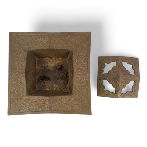 263 - A 20th century Japanese bronze censer - square and cast with cherry blossom border, 25cm wide.