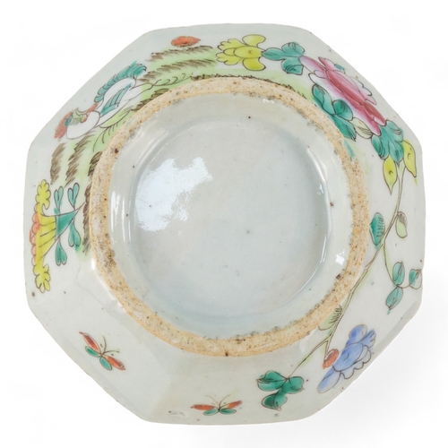 266 - A late 19th century Chinese octagonal dish - decorated with a cockerel, flowers and foliage, 15cm wi... 