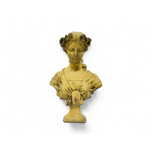 102 - A reconstituted stone bust of a classical young woman - on a white painted wooden plinth, height 145... 