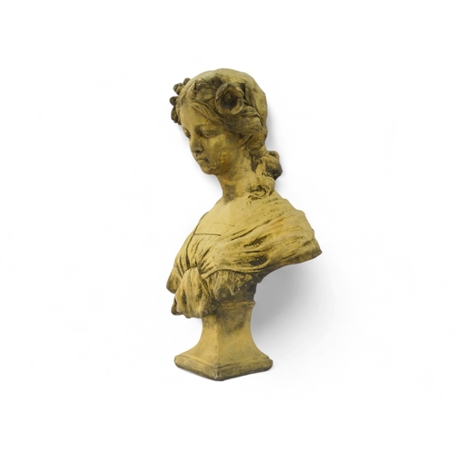 102 - A reconstituted stone bust of a classical young woman - on a white painted wooden plinth, height 145... 