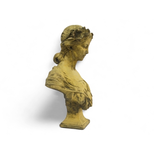 102 - A reconstituted stone bust of a classical young woman - on a white painted wooden plinth, height 145... 