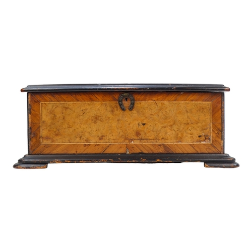 10A - A 19th century Swiss cylinder music box - walnut and amboyna veneered box, the cylinder playing six ... 