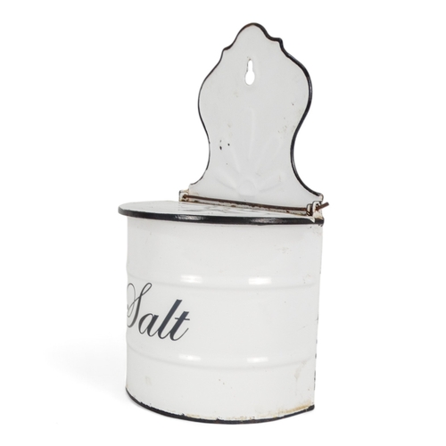 123 - A vintage white enamel salt box - wall hanging with a bow fronted lidded container, 26cm high.