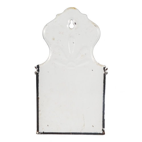 123 - A vintage white enamel salt box - wall hanging with a bow fronted lidded container, 26cm high.