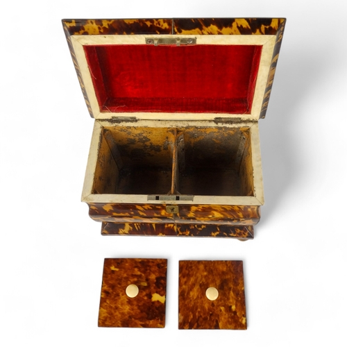 129 - A late George III tortoiseshell tea caddy - of rectangular casket form with a two division interior,... 