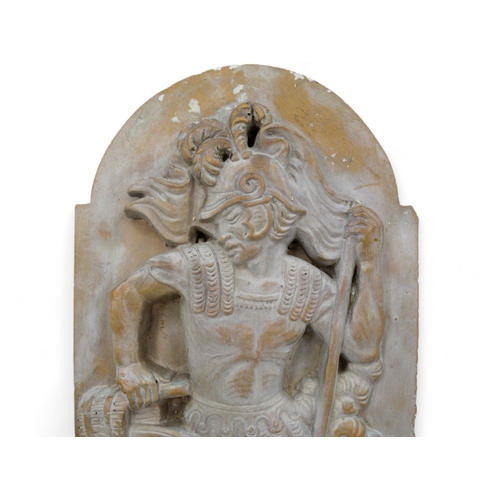 132 - A reconstituted stone wall plaque - decorated with a Roman soldier and a flaming house, height 40cm,... 