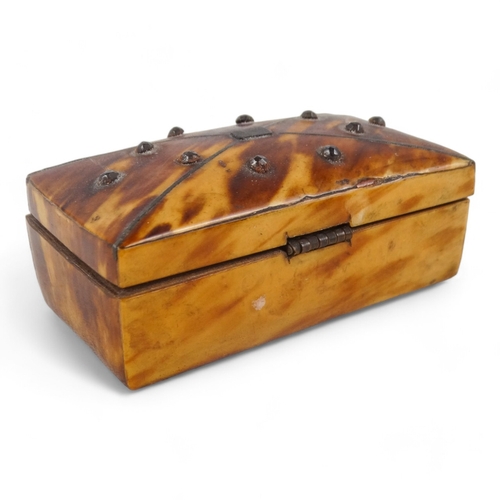 136 - A 19th century tortoiseshell patch box - rectangular, the cover inlaid with silver wire and studs, 6... 