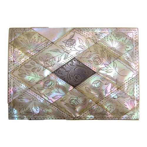 142 - A late 19th century mother of pearl card case - rectangular with diamond veneers and engraved with f... 