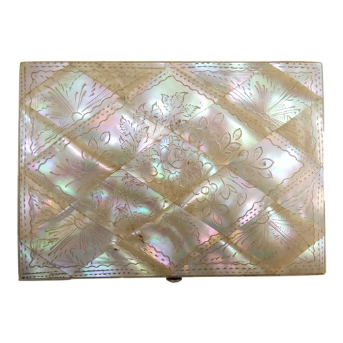 142 - A late 19th century mother of pearl card case - rectangular with diamond veneers and engraved with f... 