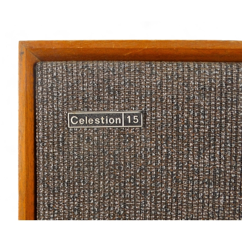 148 - A vintage pair of Celestion Ditton 15 speakers - with teak cases, 24 x 24 x 54cm.