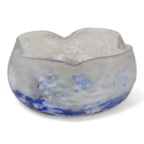 164 - A Daum speckled blue and frosted glass bowl - with waved lip and etched decoration of flowers, 20cm ... 