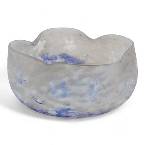 164 - A Daum speckled blue and frosted glass bowl - with waved lip and etched decoration of flowers, 20cm ... 