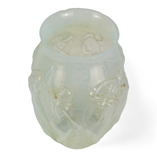 169 - A vintage French pressed opalescent glass vase - of baluster form and decorated with dancing muses, ... 