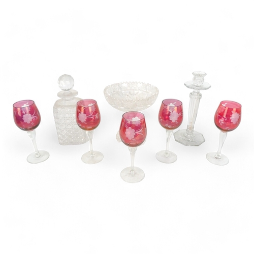 174 - A set of five cranberry wine glasses - with etched foliate decoration, together with a cut glass taz... 