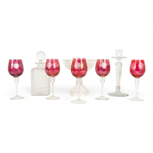 174 - A set of five cranberry wine glasses - with etched foliate decoration, together with a cut glass taz... 