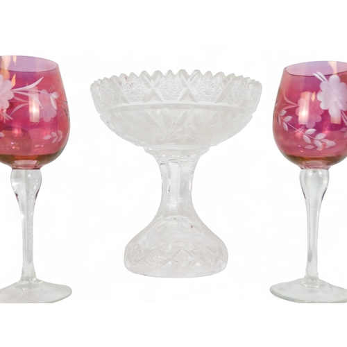 174 - A set of five cranberry wine glasses - with etched foliate decoration, together with a cut glass taz... 