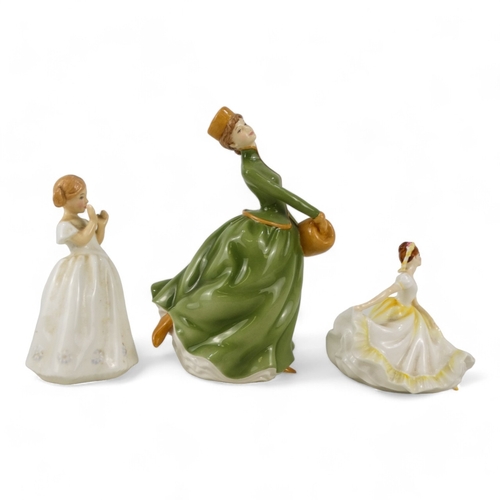 198 - A Royal Doulton figure - Grace, wearing a green dress, HN5163, 17cm high, together with two others, ... 