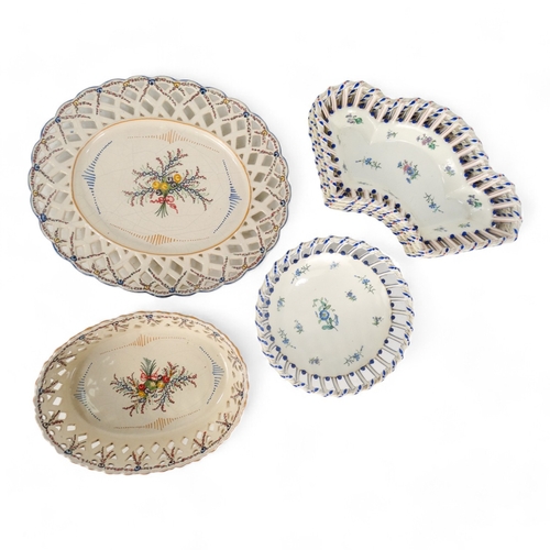 202 - A late 19th century continental hors d'oeuvres dish - basket form creamware and decorated with blue ... 