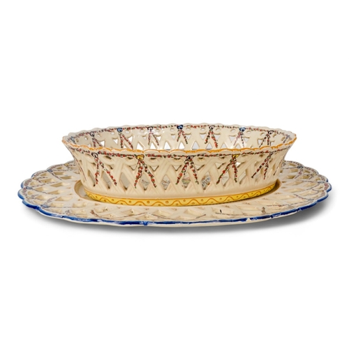 202 - A late 19th century continental hors d'oeuvres dish - basket form creamware and decorated with blue ... 