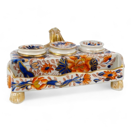 210 - A 19th century Masons Ironstone inkstand - in typical palette with gilt decoration, width 18cm.