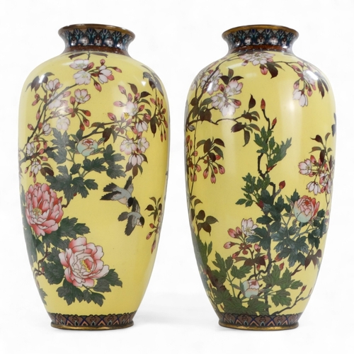 267 - A pair of Meiji period cloisonne vases - decorated with finches and exotic flowers, on a yellow grou... 