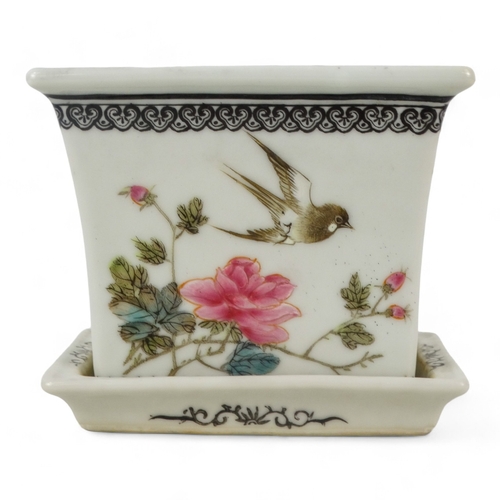 274 - A 20th century Chinese jardiniere - of tapered rectangular form decorated with birds and flowers, ra... 