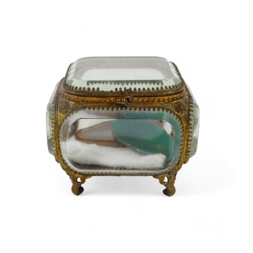 35A - A late 19th century French glass and gilt metal bijouterie box - square and comprising five bevelled... 