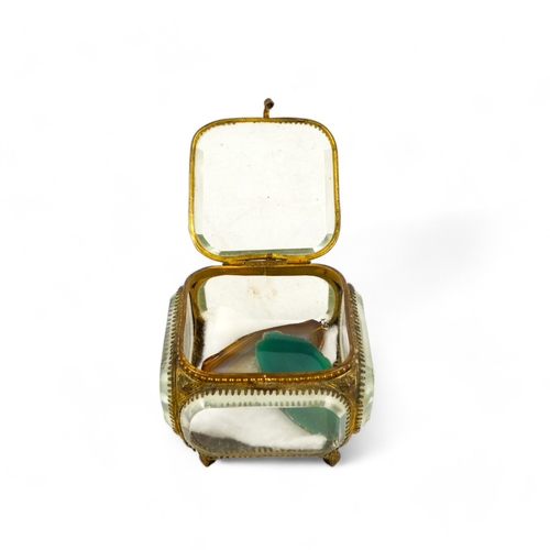 35A - A late 19th century French glass and gilt metal bijouterie box - square and comprising five bevelled... 