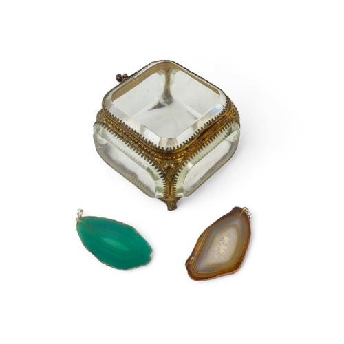 35A - A late 19th century French glass and gilt metal bijouterie box - square and comprising five bevelled... 