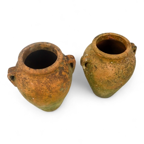 67 - A pair of twin handled terracotta olive jars - one with a tap, height 53cm, diameter 37cm.