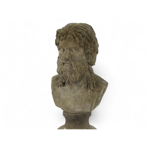 79 - A reconstituted stone bust of a classical bearded man - on a Corinthian column plinth, overall heigh... 