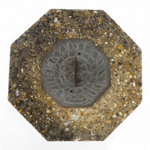 82 - A reconstituted stone sun dial - the octagonal bronze dial signed 'June Fries', overall height 58cm.