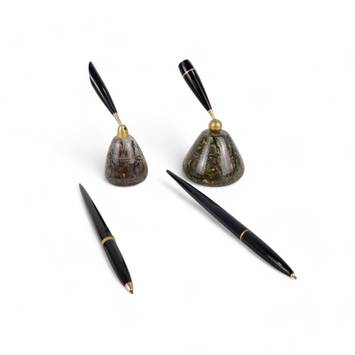 90A - A 20th century serpentine pen stand - with a turned conical stand and fitted with a ball point pen, ... 