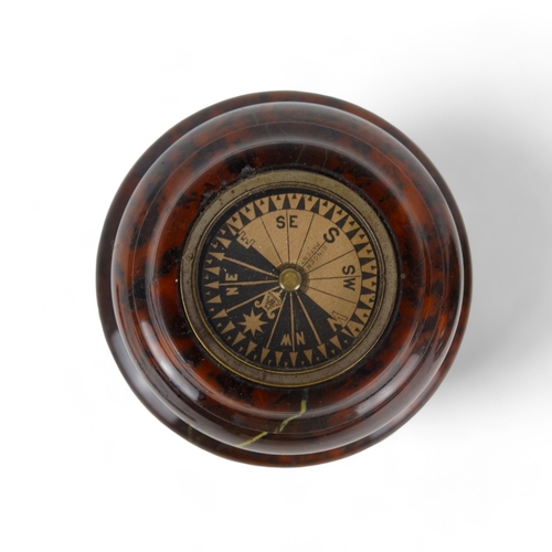 91A - An early 20th century turned serpentine table compass - 10cm diam, together with an aneroid baromete... 