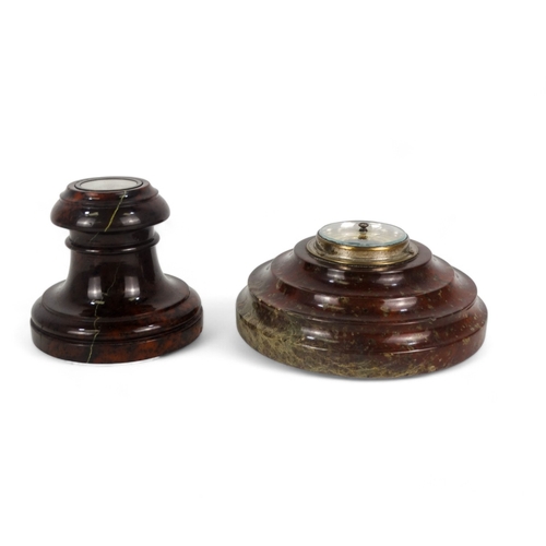 91A - An early 20th century turned serpentine table compass - 10cm diam, together with an aneroid baromete... 