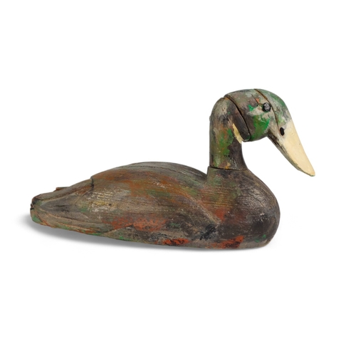 93A - A wooden polychrome painted decoy duck - with articulated head, height 16cm, length 31cm.