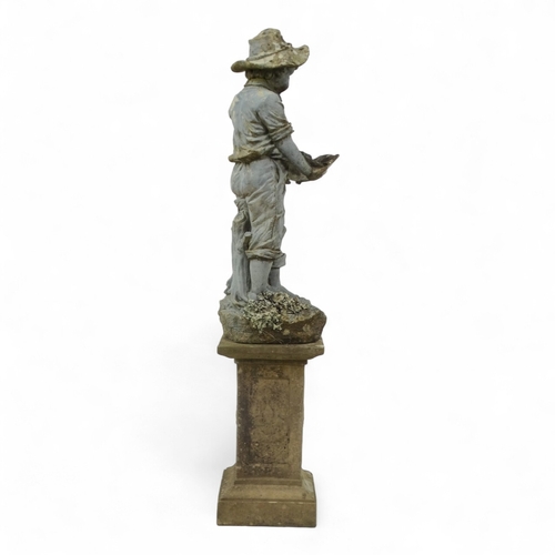 95 - A resin statue modelled as a boy holding a shell - on a reconstituted stone floral decorated plinth,... 