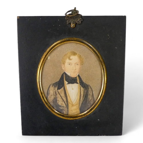 103 - An early 19th century portrait miniature - a gentleman in white shirt and black stock and coat, oval... 