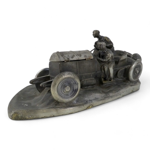 104 - After Wilhelm Zwick 20th century pewter style inkstand - modelled as an early Mercedes Benz racing c... 